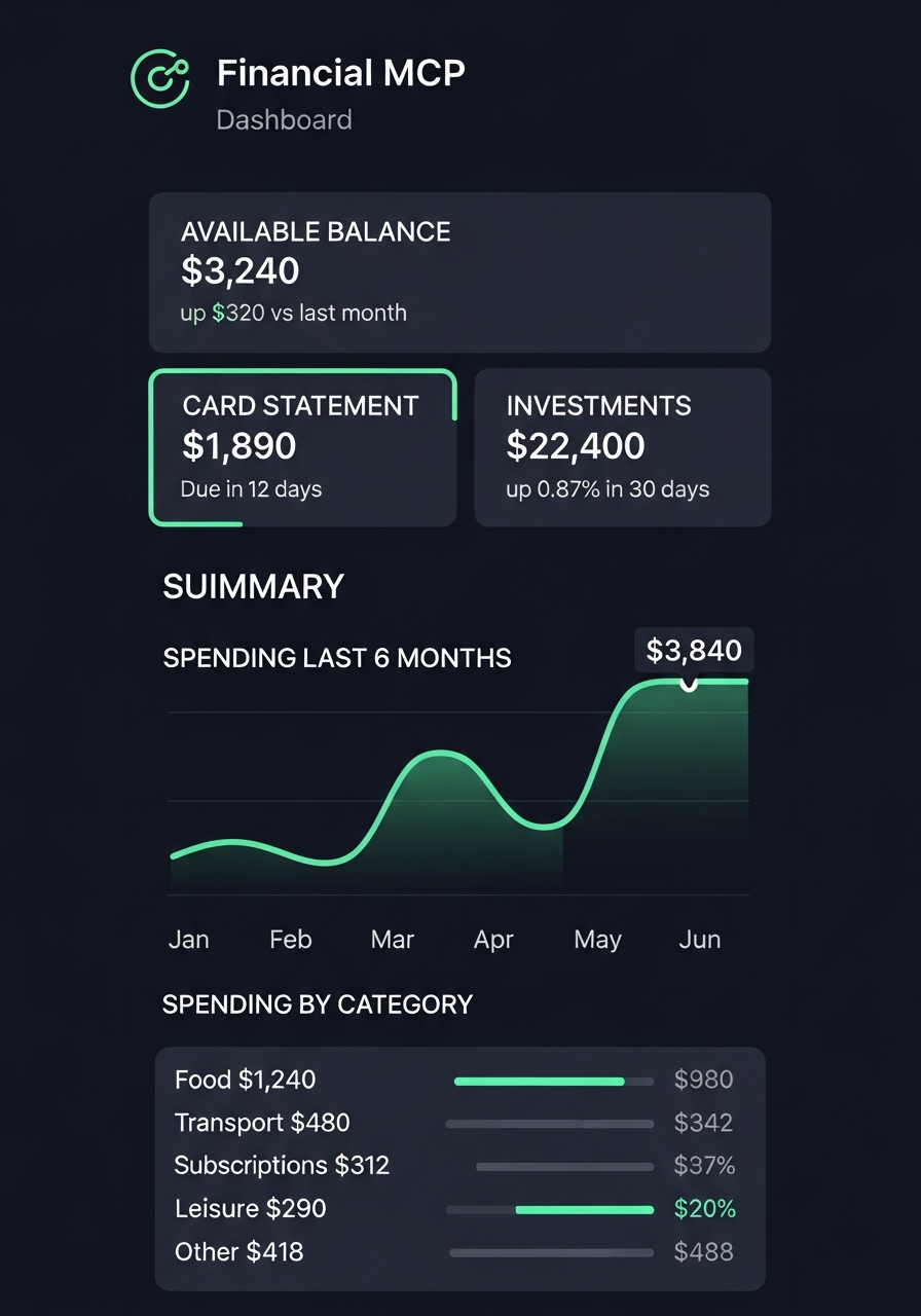 Financial MCP dashboard showing balance, statement, investments and spending by category